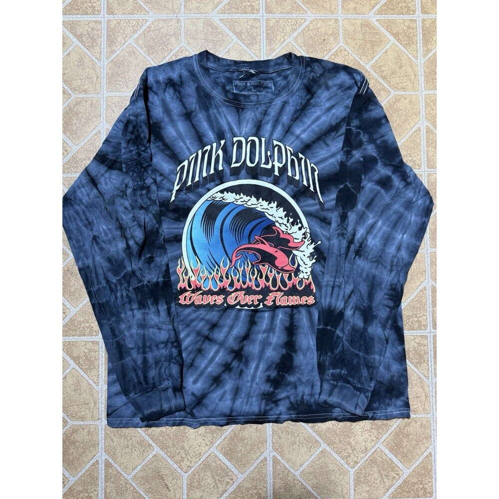 Pink Dolphin Long Sleeve Shirt Mens L Tie Dye Waves Over Flames Graphic